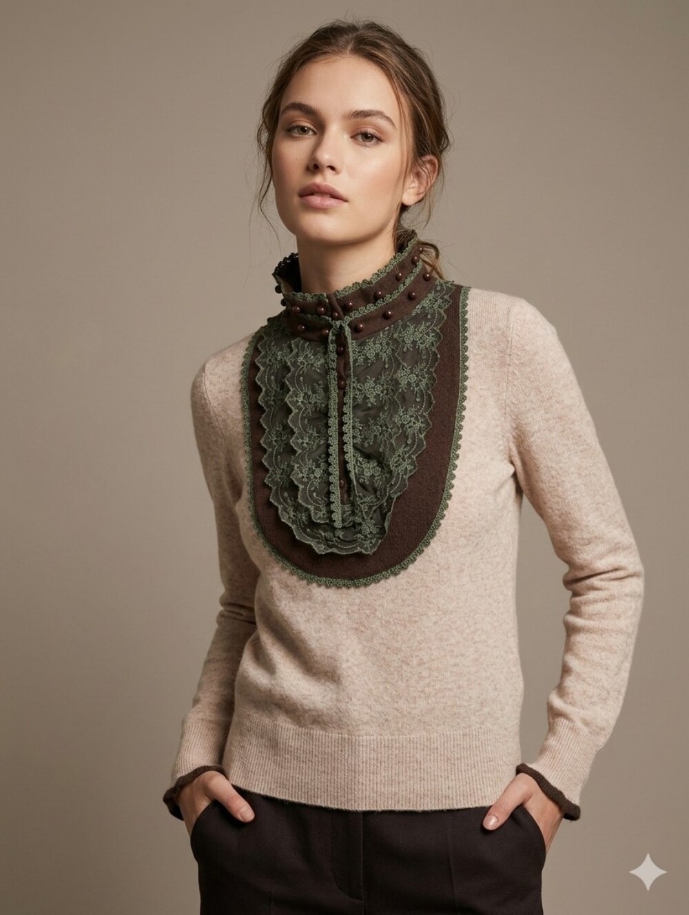 Alberto Makali Beige Knit Sweater With Lace Front Detail